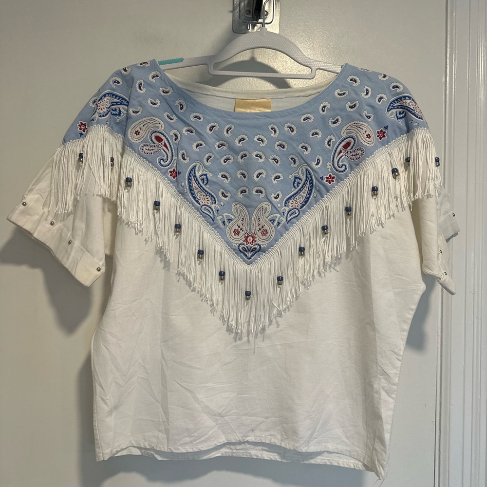 VTG Hazelwood Cowgirl Western Fringe Paisley bandana-print Beaded Studded Blouse